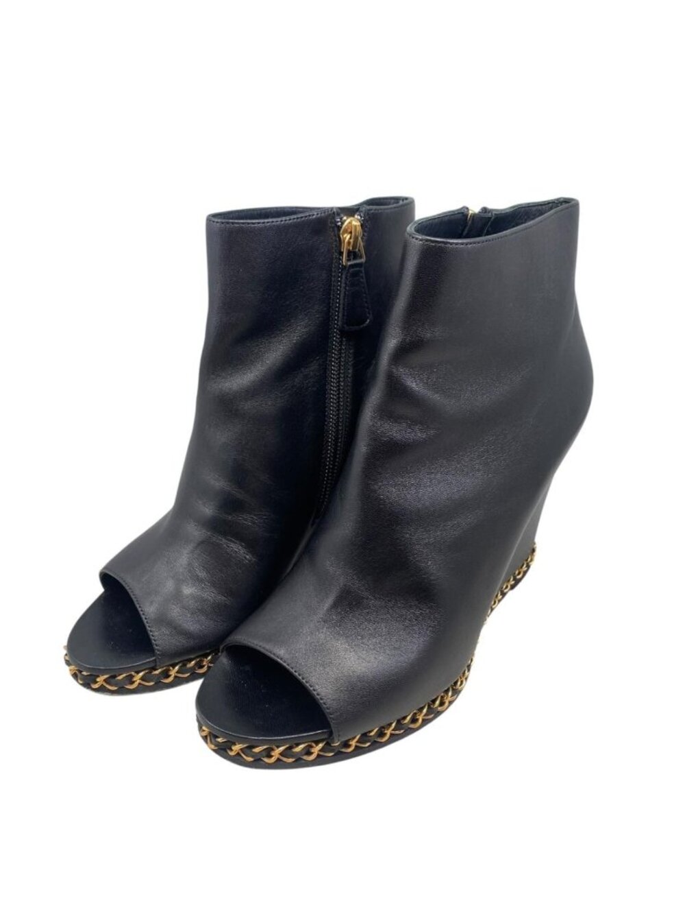 Chanel Short Boots Open Toe Wedge Sole 37C CC Logo Chain Leather Black Gold